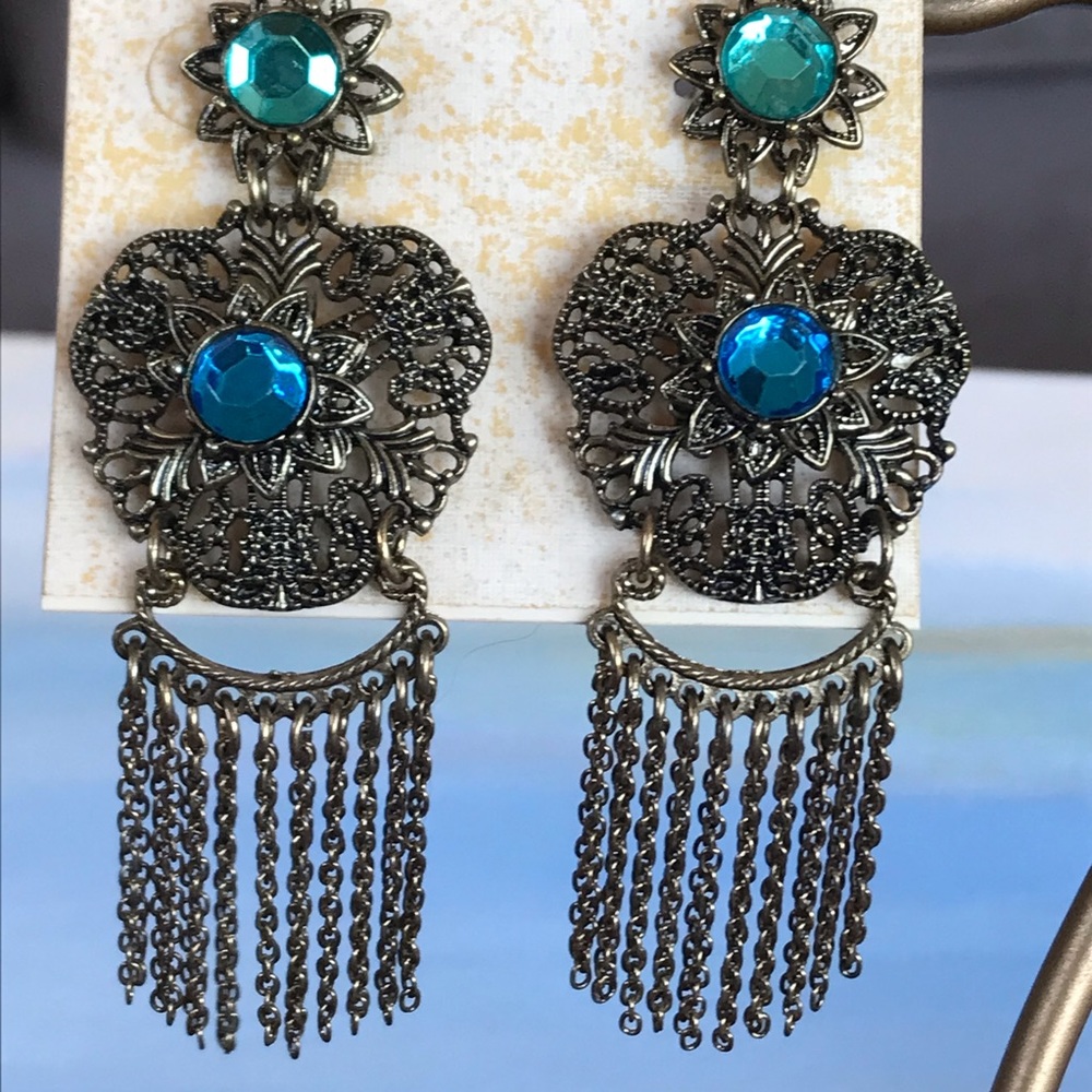 Chandelier earrings, aqua blue and royal blue stones with bronze colored metal